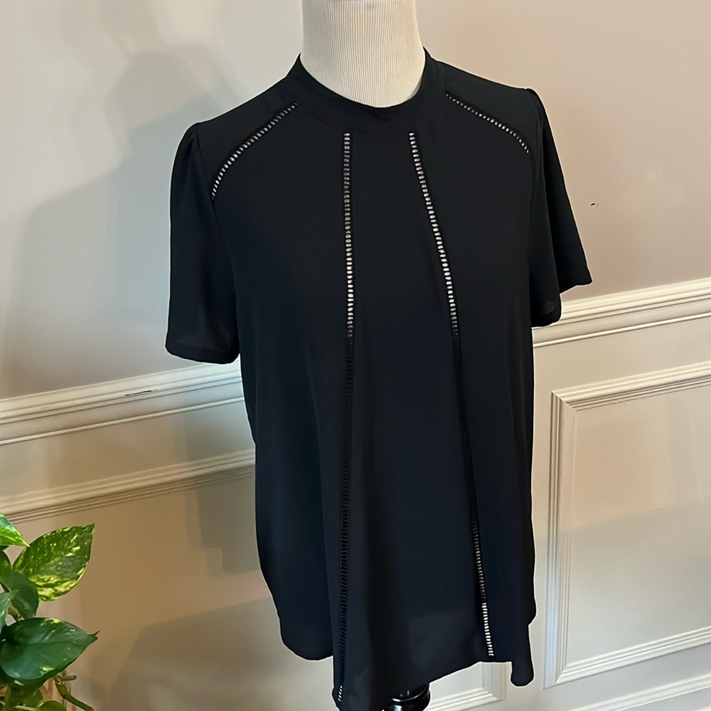 Sienna Sky Black Short Sleeve Top with Ladder Trim